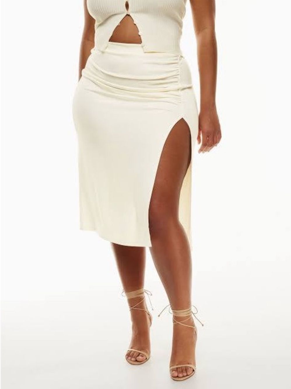 Wilfred Aritzia Ivory High-Slit Ruched Midi Skirt – Size S